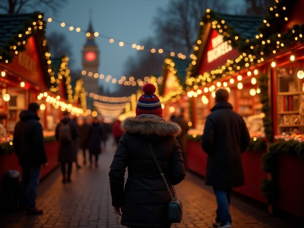 Dansk familie nyder aftenstemning på julemarked i Storbritannien med festlige lys