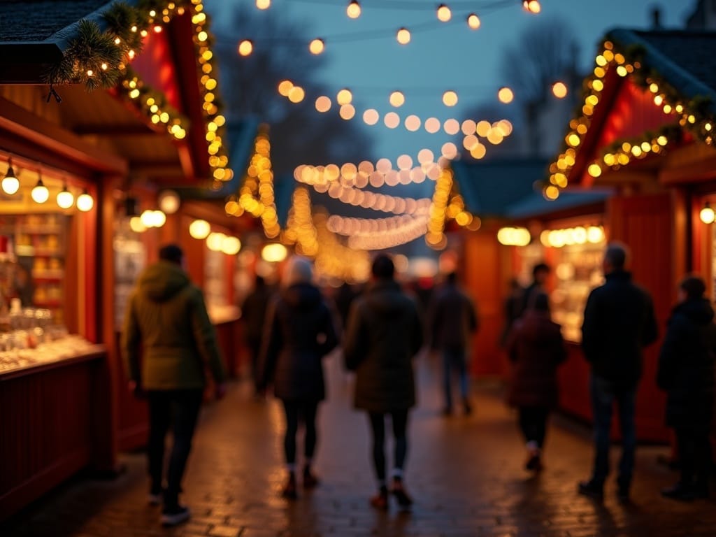 Dansk familie på julemarked i Storbritannien med festlige lys