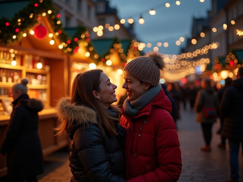 Dansk familie på britisk julemarked omgivet af festlige lys om aftenen