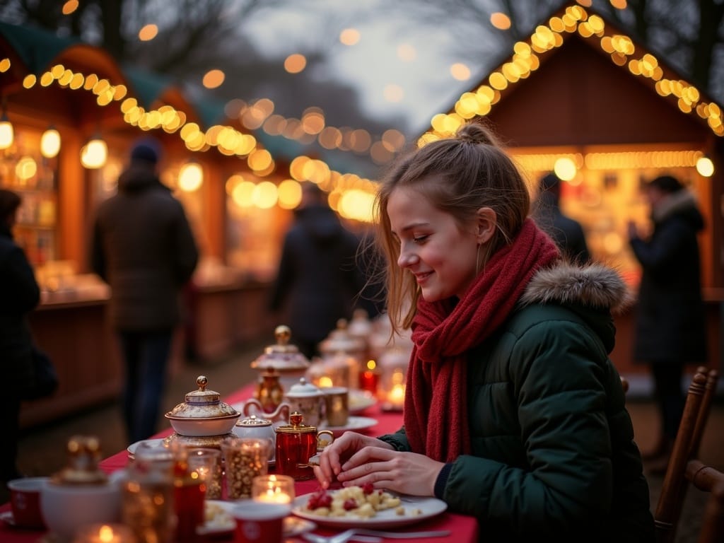 Dansk familie nyder britisk julemarked med lys og dekorationer i aftentimerne