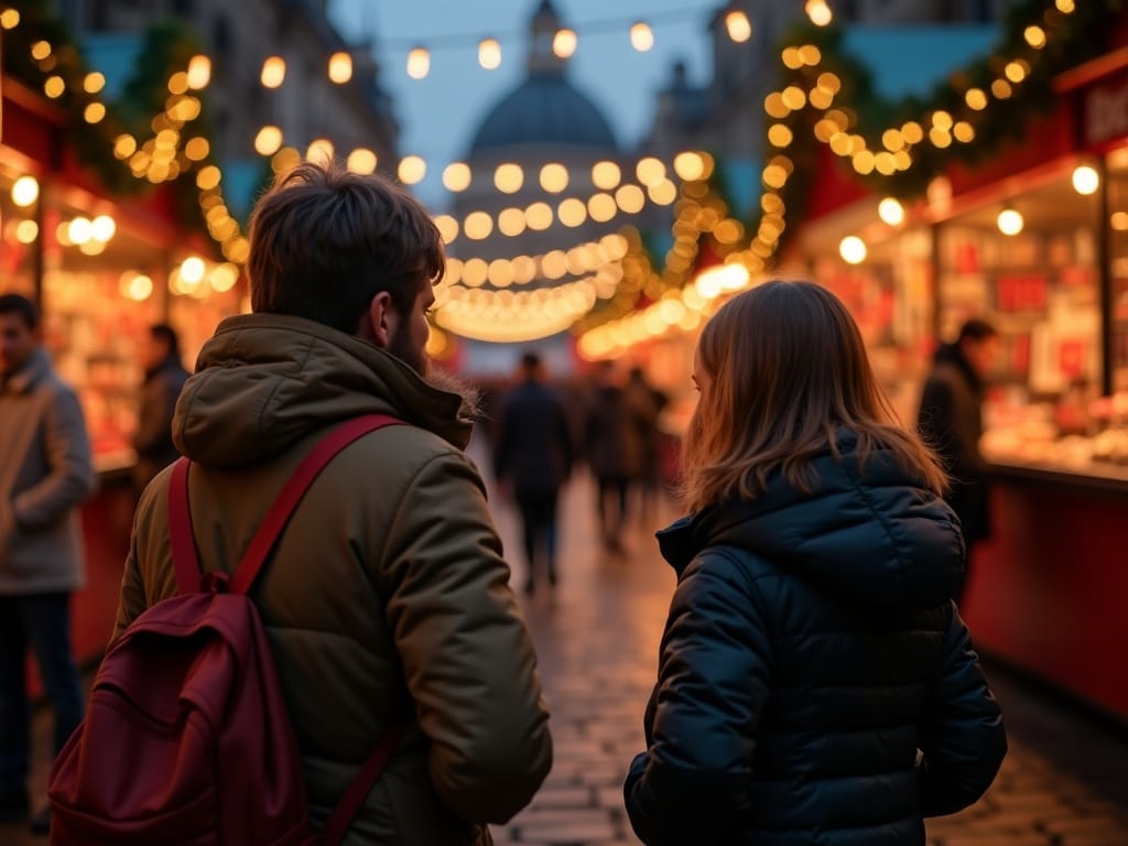 Dansk familie går gennem julemarked i London med festlige lys om aftenen