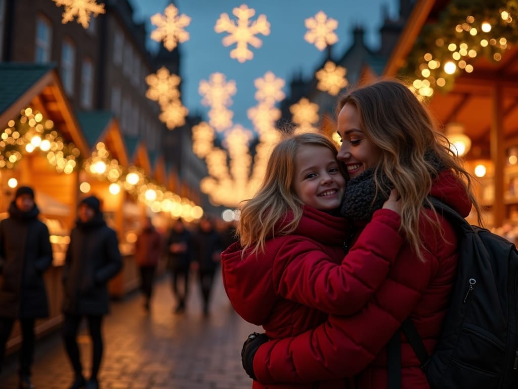 Familie nyder julemarked i Edinburgh med lys og dekorerede boder