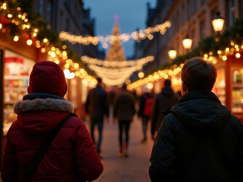 Familie nyder aftenen på julemarked i Edinburgh med festlige lys