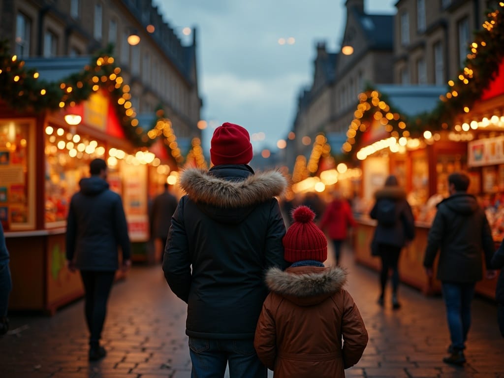 Familie nyder julemarked i Edinburgh med lys og dekorationer