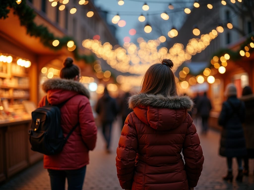 Dansk familie nyder aften på udendørs julemarked i Storbritannien med festlige lys