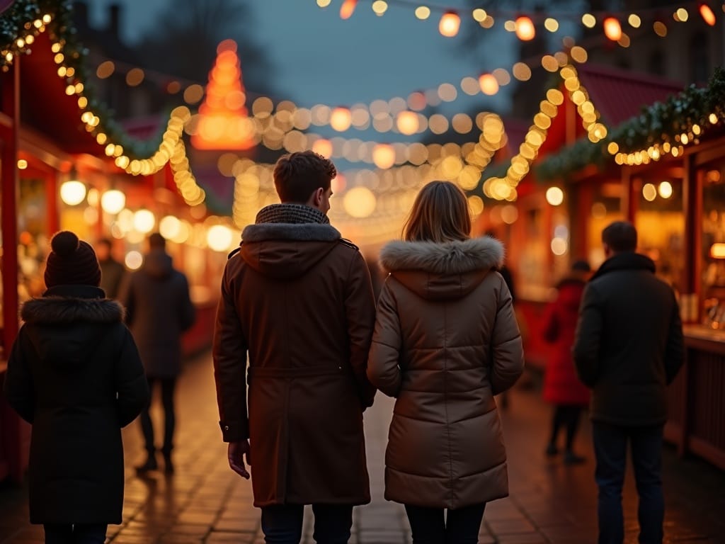 Dansk familie oplever britisk julemarked med festlige lys og boder i aftentimerne
