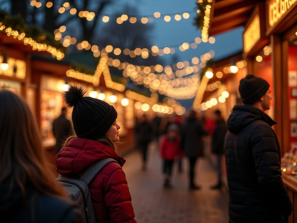 Dansk familie oplever julemarked i UK med festlig belysning og udendørs boder