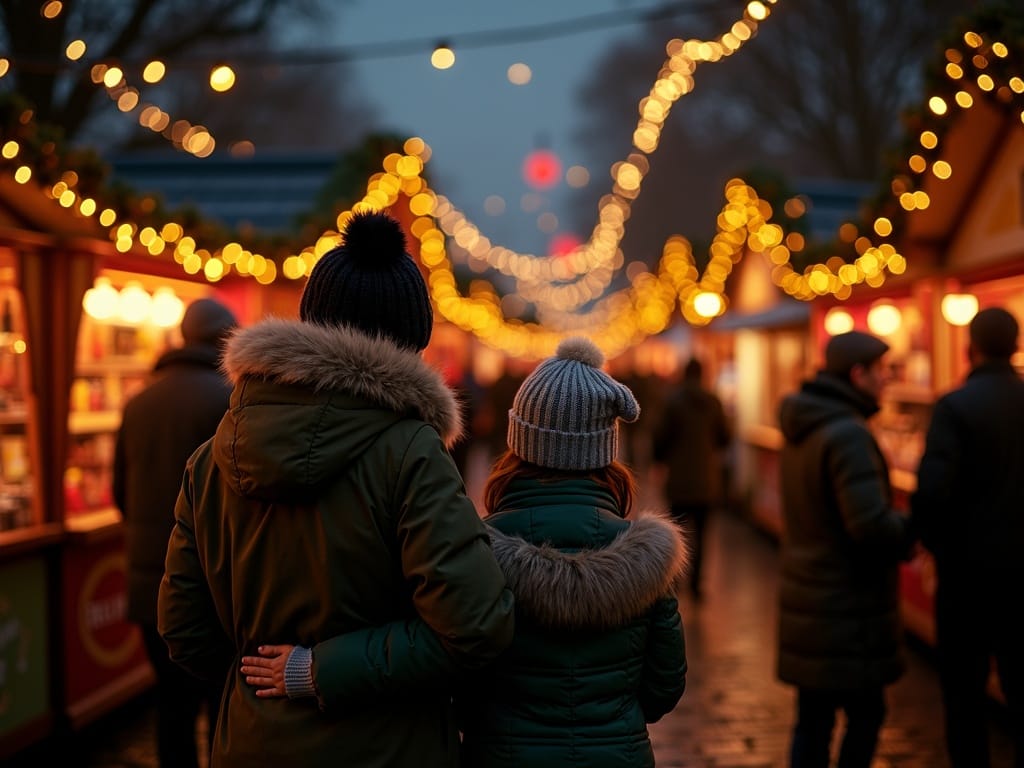 Dansk familie udforsker britisk julemarked om aftenen med lys og dekorationer