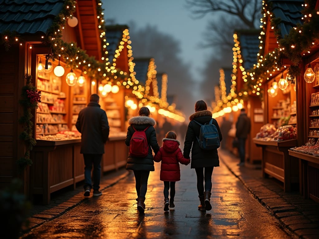 Dansk familie besøger britisk julemarked med lys og dekorationer