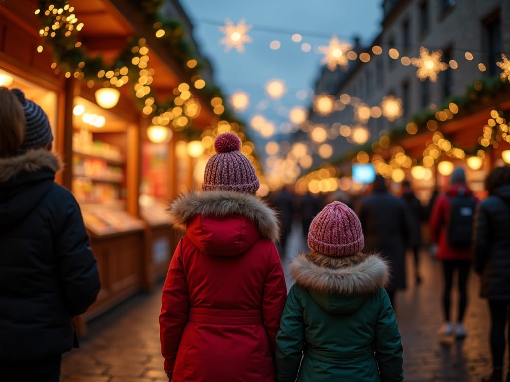 Dansk familie nyder julemarked i Edinburgh med lys og boder omkring sig