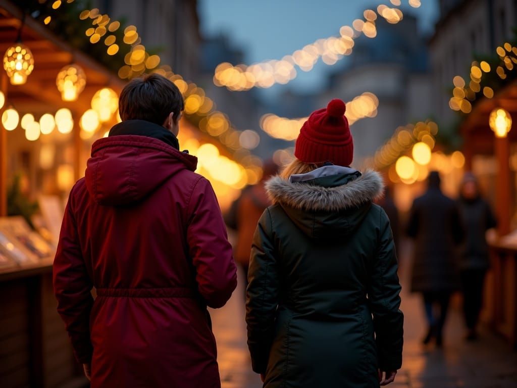 Dansk familie nyder julemarkedet i Edinburgh med lys og boder