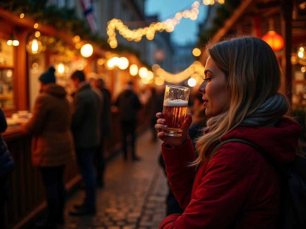 Dansk familie besøger julemarked i Storbritannien under festlige aftenlys