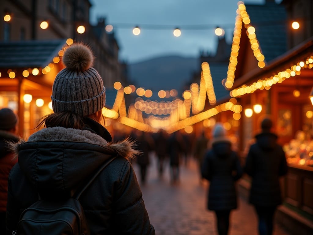Dansk familie nyder julemarked i UK med røde, grønne og gyldne lys