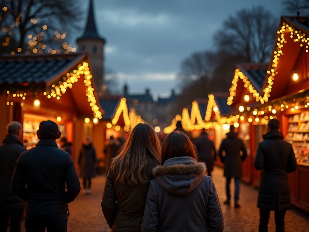 Dansk familie besøger julemarked i Skotland omgivet af festlige lys