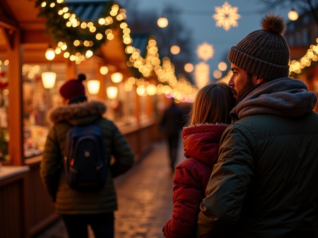 Dansk familie udforsker britisk udendørs julemarked om aftenen med festlige lys