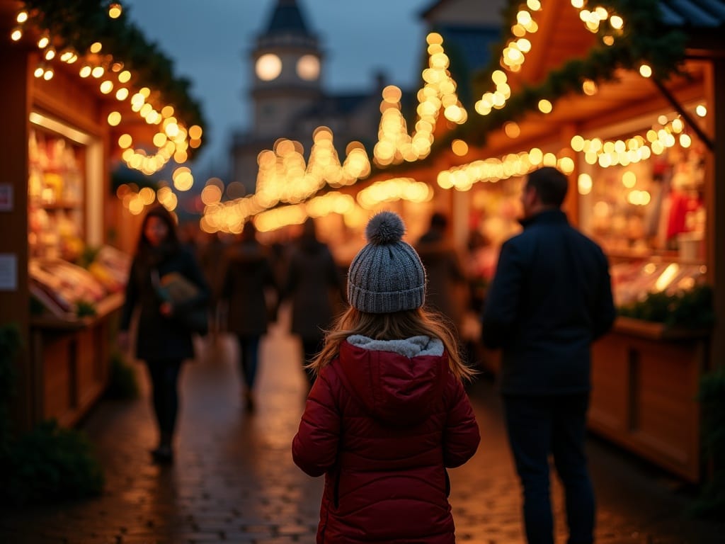 Dansk familie nyder aftenen på et julemarked i Storbritannien med lys og juleudsmykning