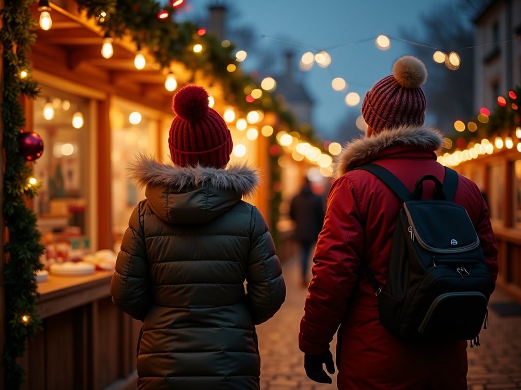 Dansk familie nyder en aften på et britisk julemarked med lys og boder