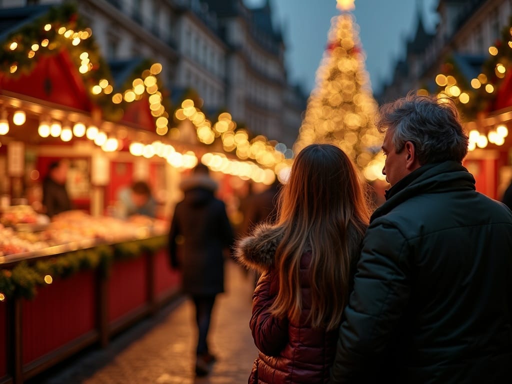 Dansk familie på britisk julemarked med lys og boder i aftenstemning
