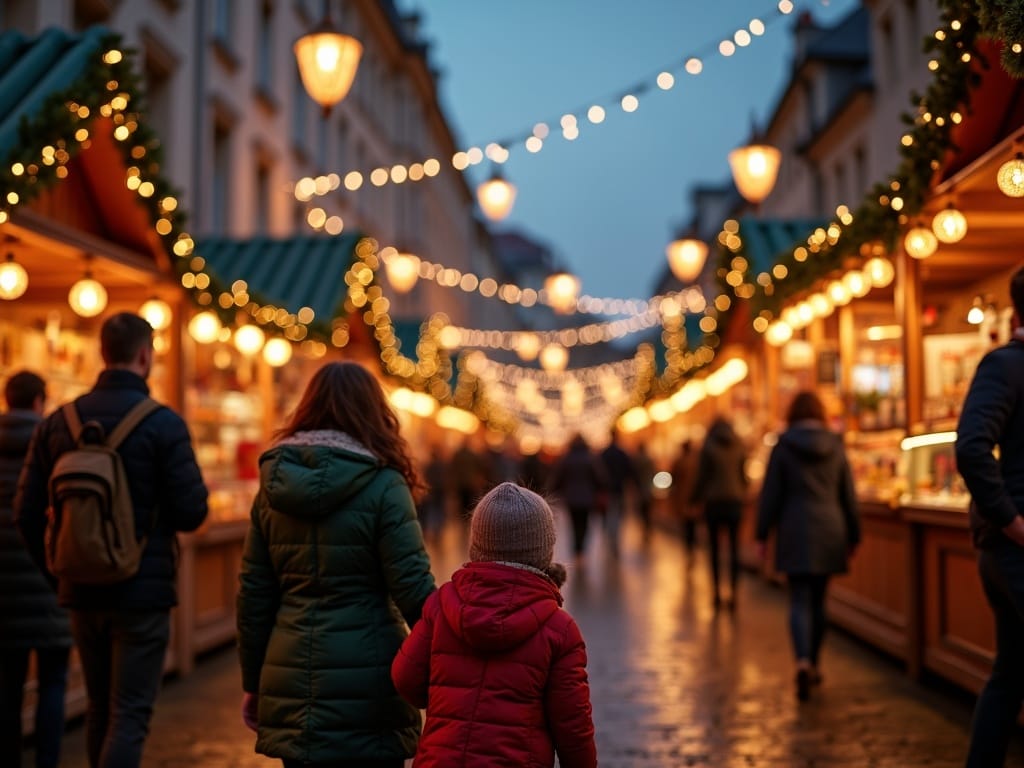 Dansk familie nyder julemarked i London om aftenen med lys og boder