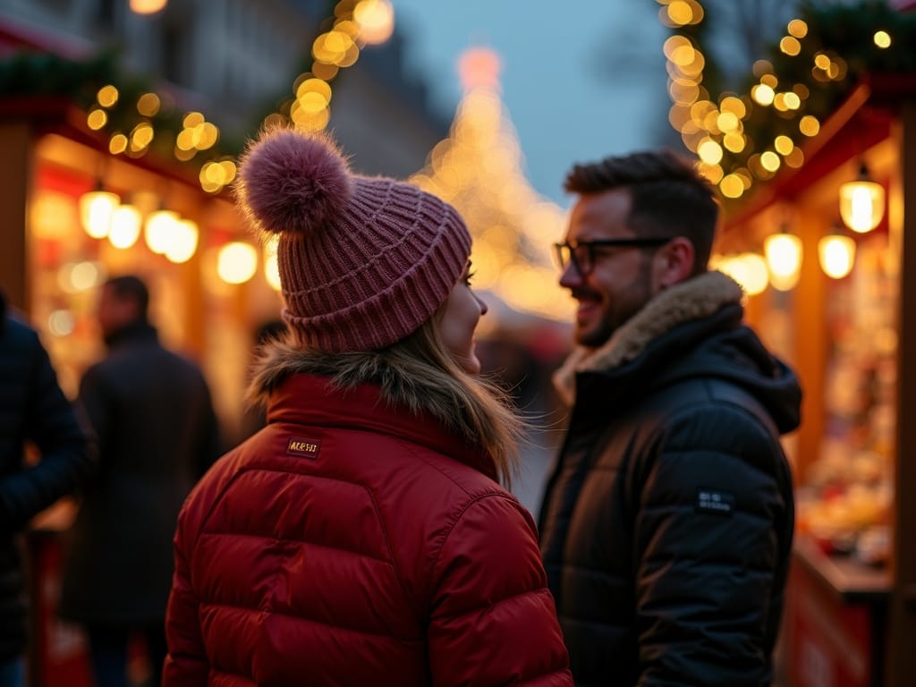 Dansk familie nyder julemarked i London med lys og boder omkring sig