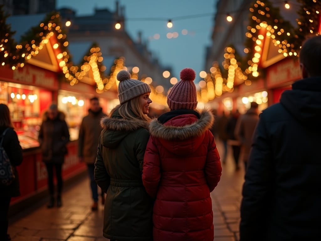 Dansk familie på julemarked i England omgivet af festlige lys og boder