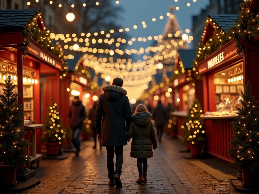 Dansk familie nyder julemarked i London med festlige lys og boder