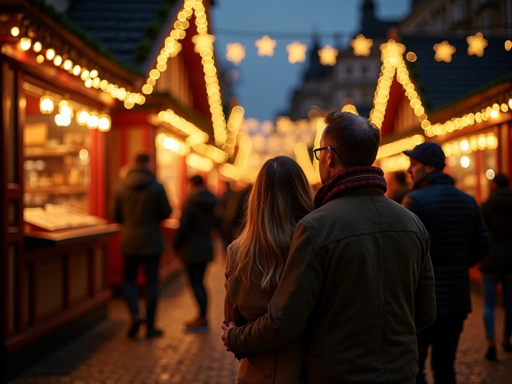 Dansk familie besøger julemarked i London med lys og boder om aftenen