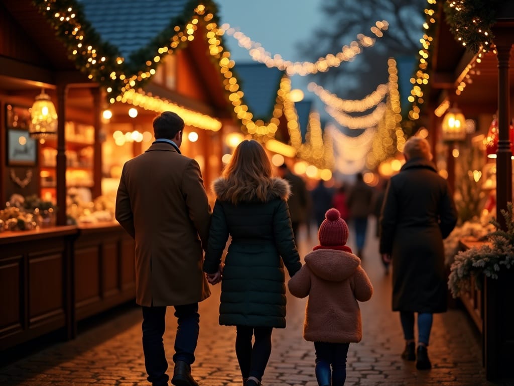 Dansk familie besøger udendørs julemarked i London med aftenlys