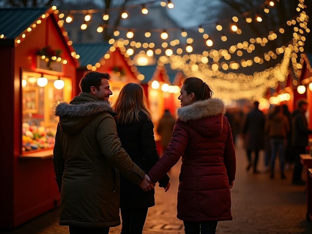 Dansk familie besøger udendørs britisk julemarked med festlig belysning