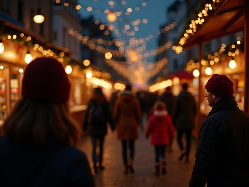 Dansk familie nyder julemarked i Storbritannien med festlys og boder om aftenen