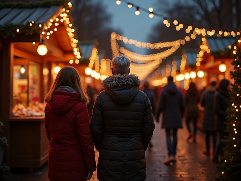 Dansk familie besøger julemarked i Storbritannien med lys og dekorationer