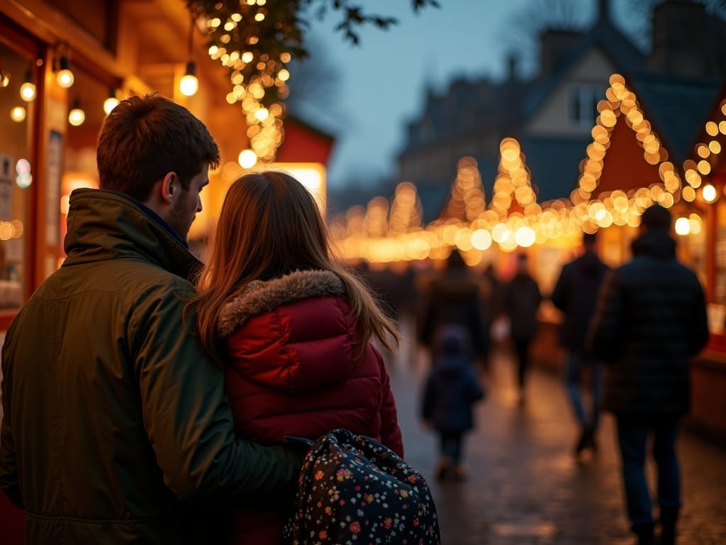 Familie udforsker julemarked i Storbritannien under festlige aftenlys