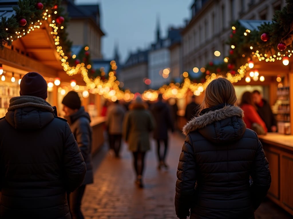 Familie nyder aftenstemning på udendørs julemarked i UK med festlige lys