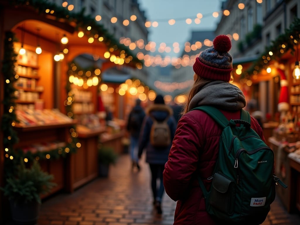 Familie går gennem britisk julemarked med lys og boder en festlig aften