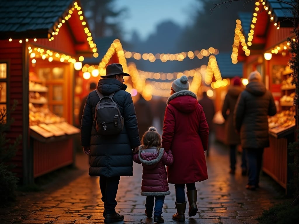 Familie nyder julemarked i England med aftenlys og boder i rød, grøn og guld