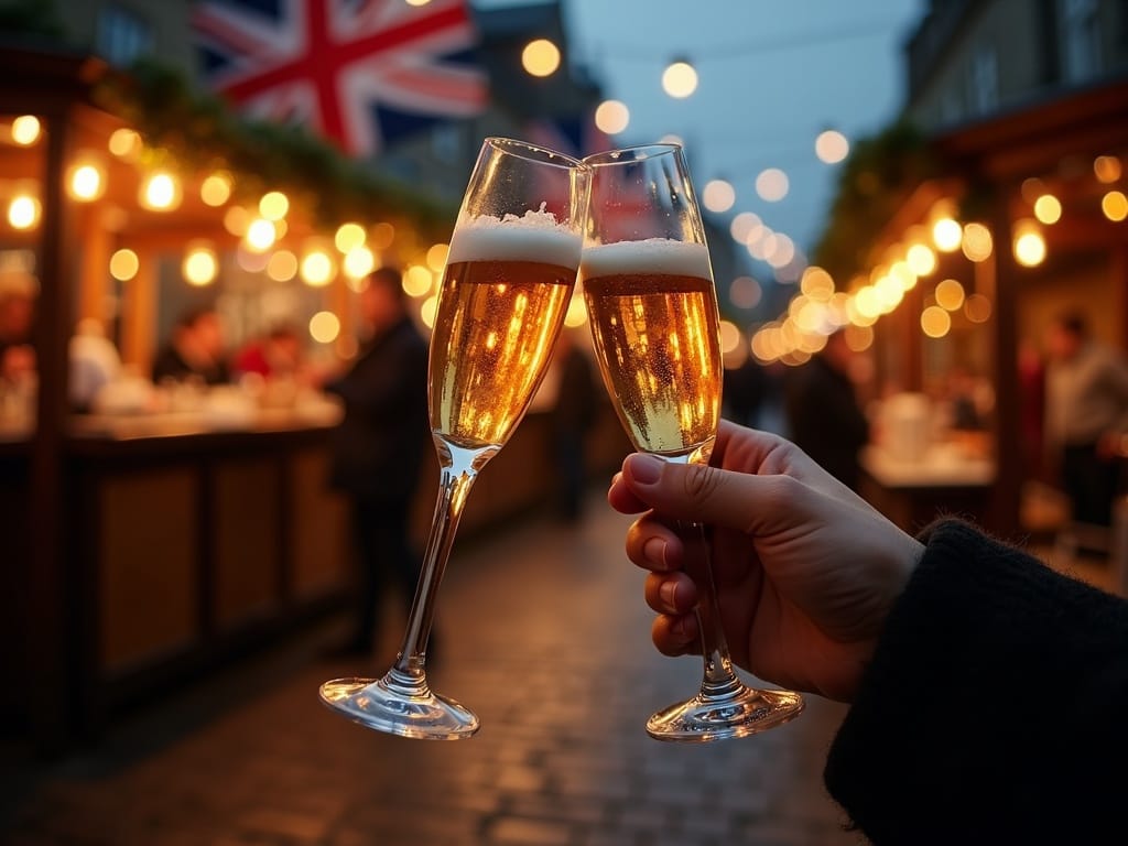 Familie nyder julemarked i Storbritannien med lys, boder og julestemning