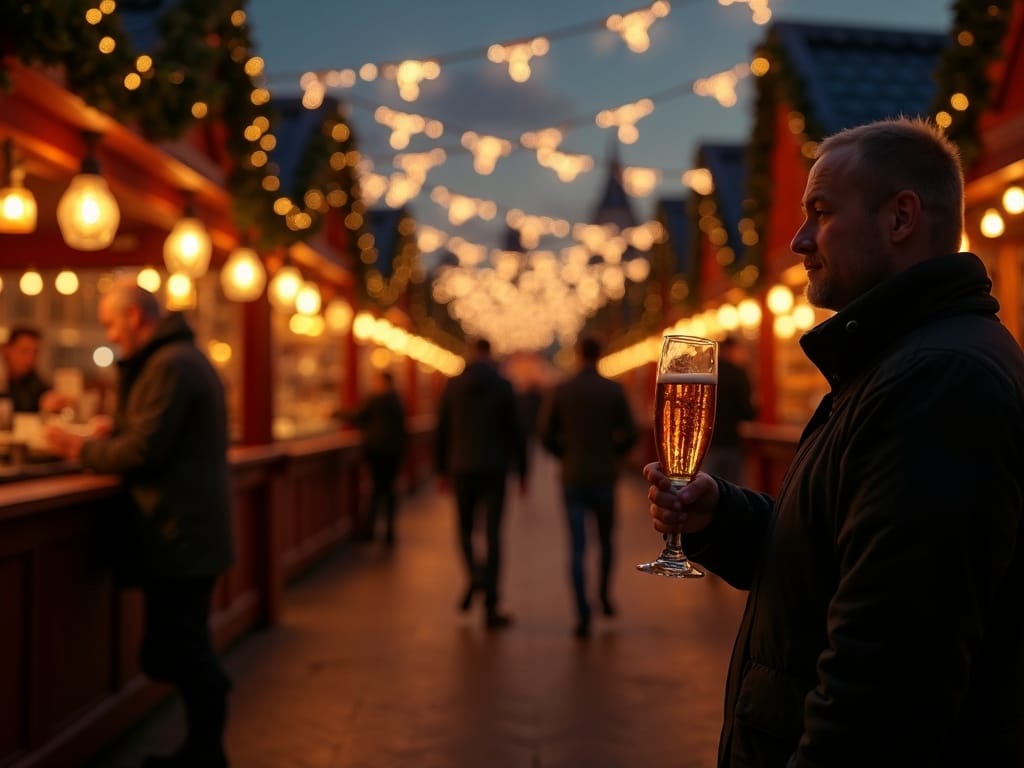 Familie nyder aftenstemningen på udendørs julemarked i Storbritannien