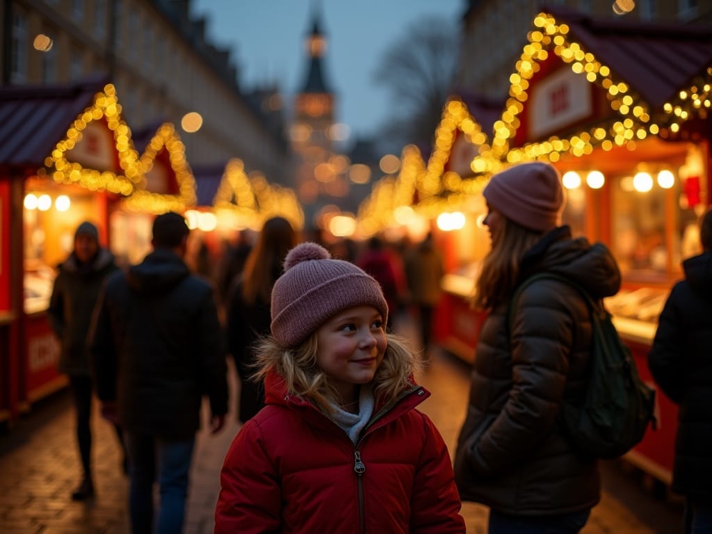 Dansk familie besøger julemarked i London med festlige lys og juledekorationer om aftenen