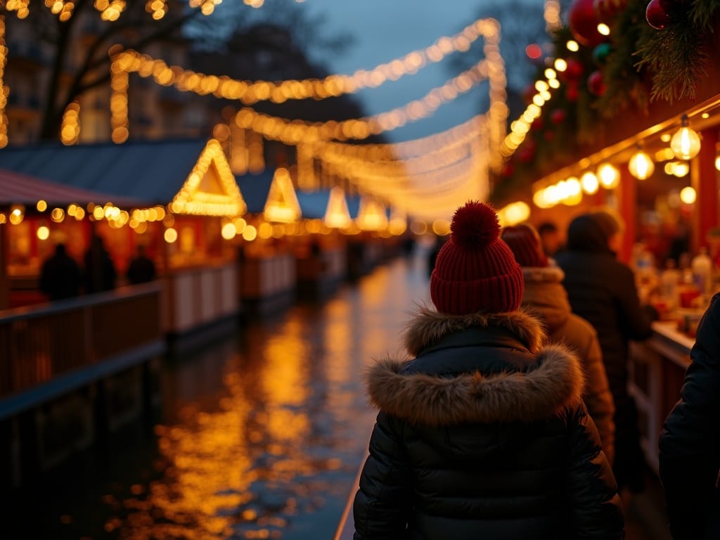 Dansk familie besøger britisk julemarked med lys og dekorationer om aftenen