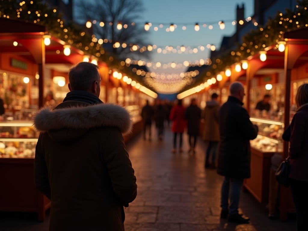 Familie nyder julemarked i Storbritannien med festlys og boder