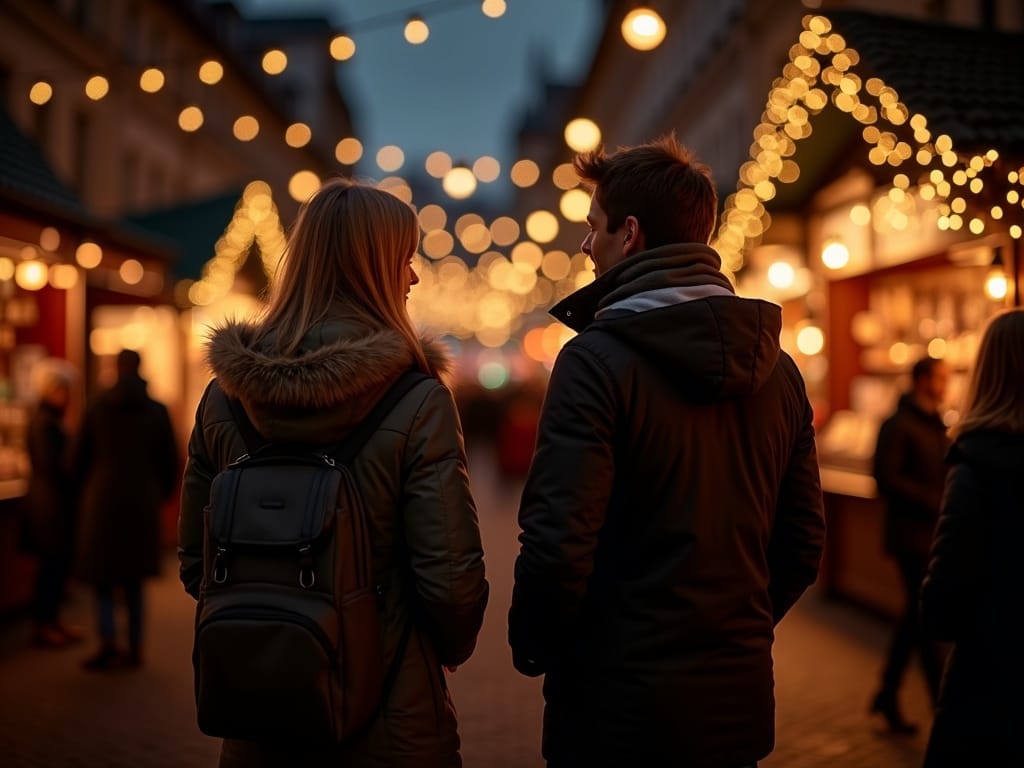 Dansk familie besøger et britisk julemarked med festlige lys om aftenen