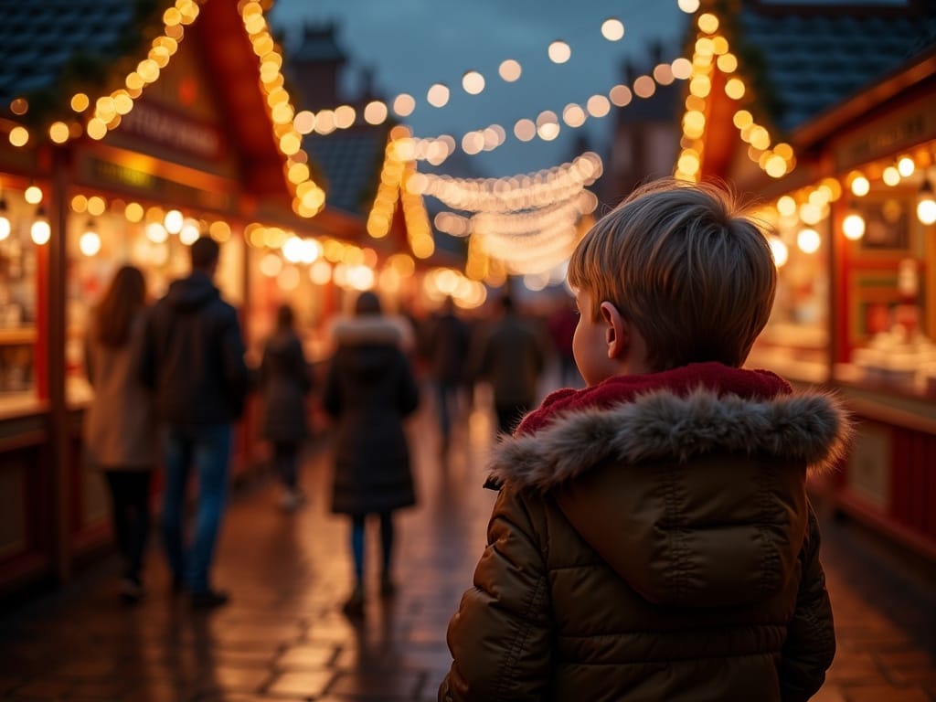 Dansk familie nyder julemarked i England med julelys og boder i baggrunden