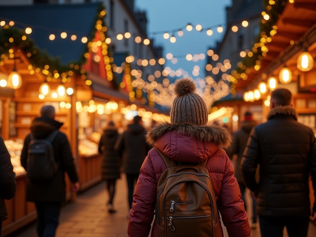 Dansk familie besøger julemarked i England med farverige lys og boder