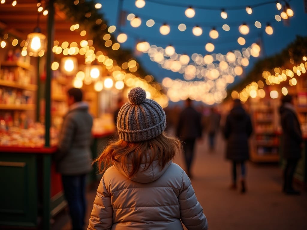 Familie udforsker britisk julemarked i Brighton med lys og dekorationer