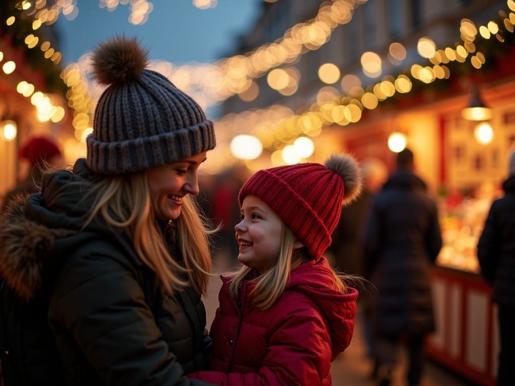 Familie nyder britisk julemarked i Brighton med lys og boder