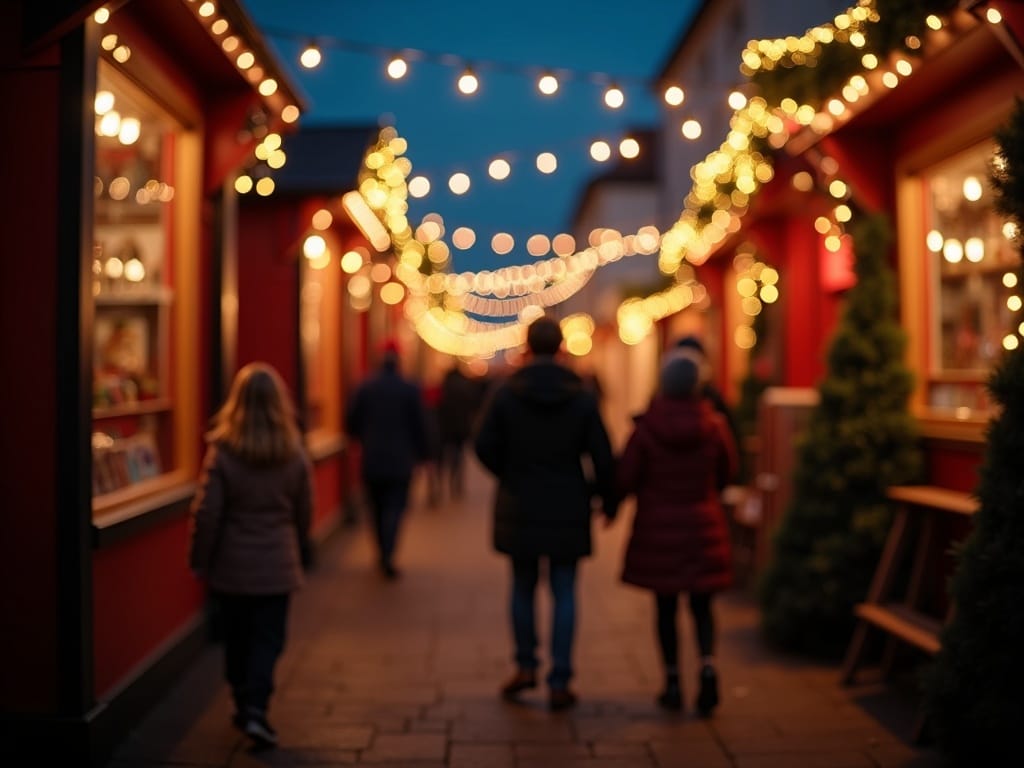 Familie nyder julemarked i Brighton med lys og boder om aftenen