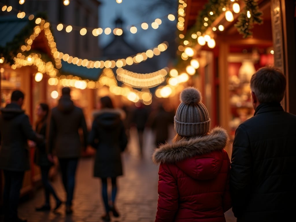 Dansk familie besøger julemarked i Storbritannien under festlige aftenlys
