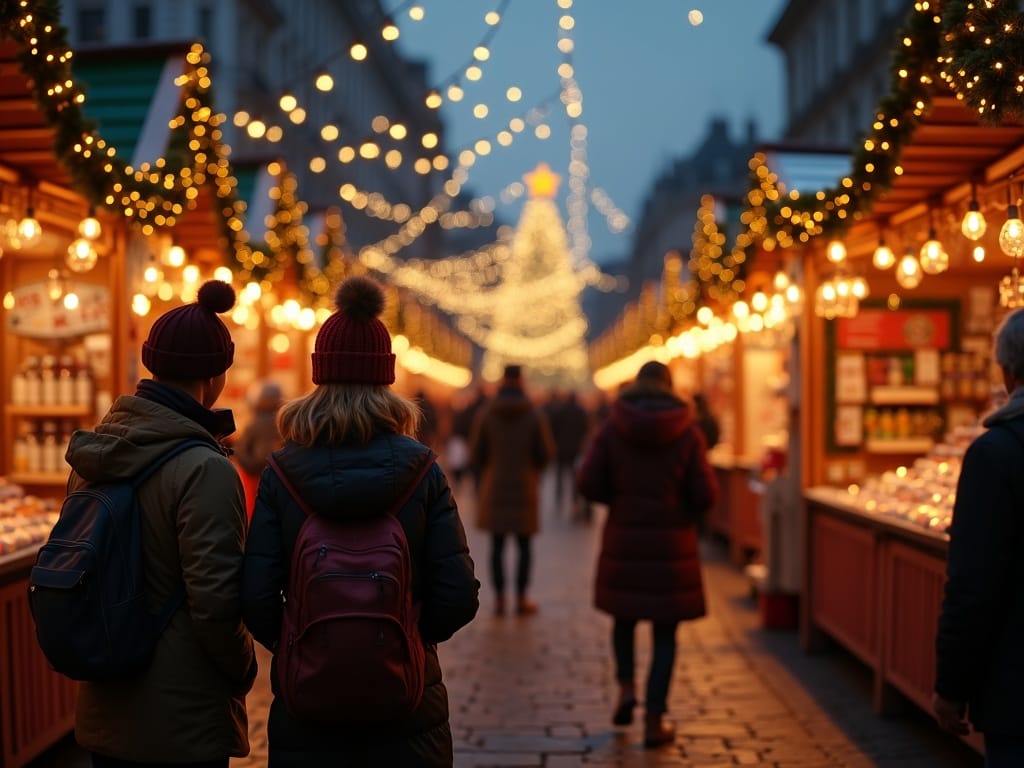 Dansk familie nyder aftenstemning på britisk julemarked med lys og julepynt