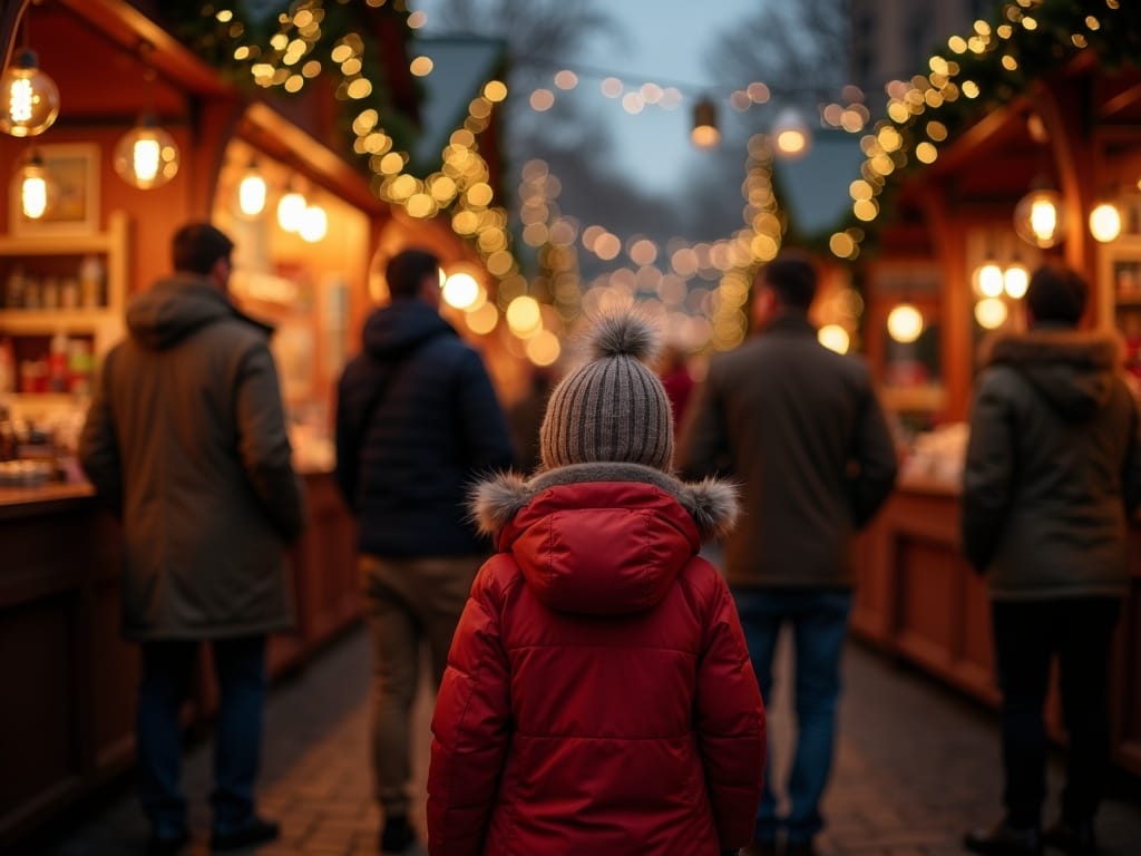 Dansk familie nyder julemarked i Storbritannien med farverige lyskæder og boder om aftenen