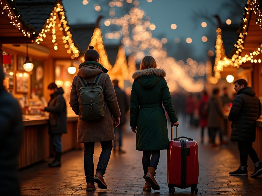 Dansk familie udforsker julemarked i Storbritannien med lys og dekorationer